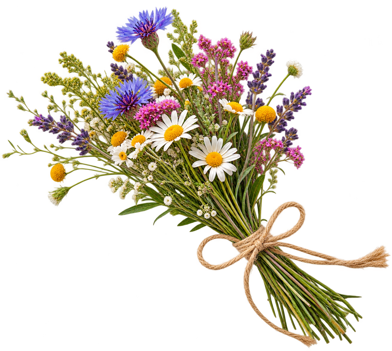 Wildflowers tied with twine, resting across the lower desk