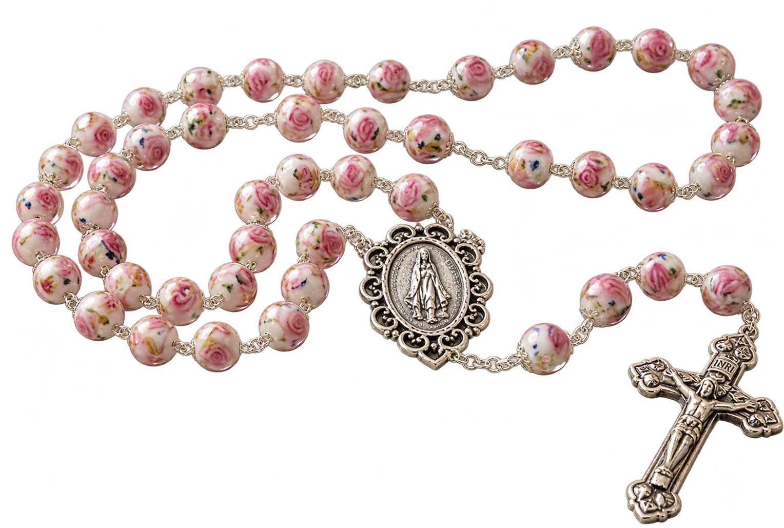 Pink floral rosary with Miraculous Medal and crucifix