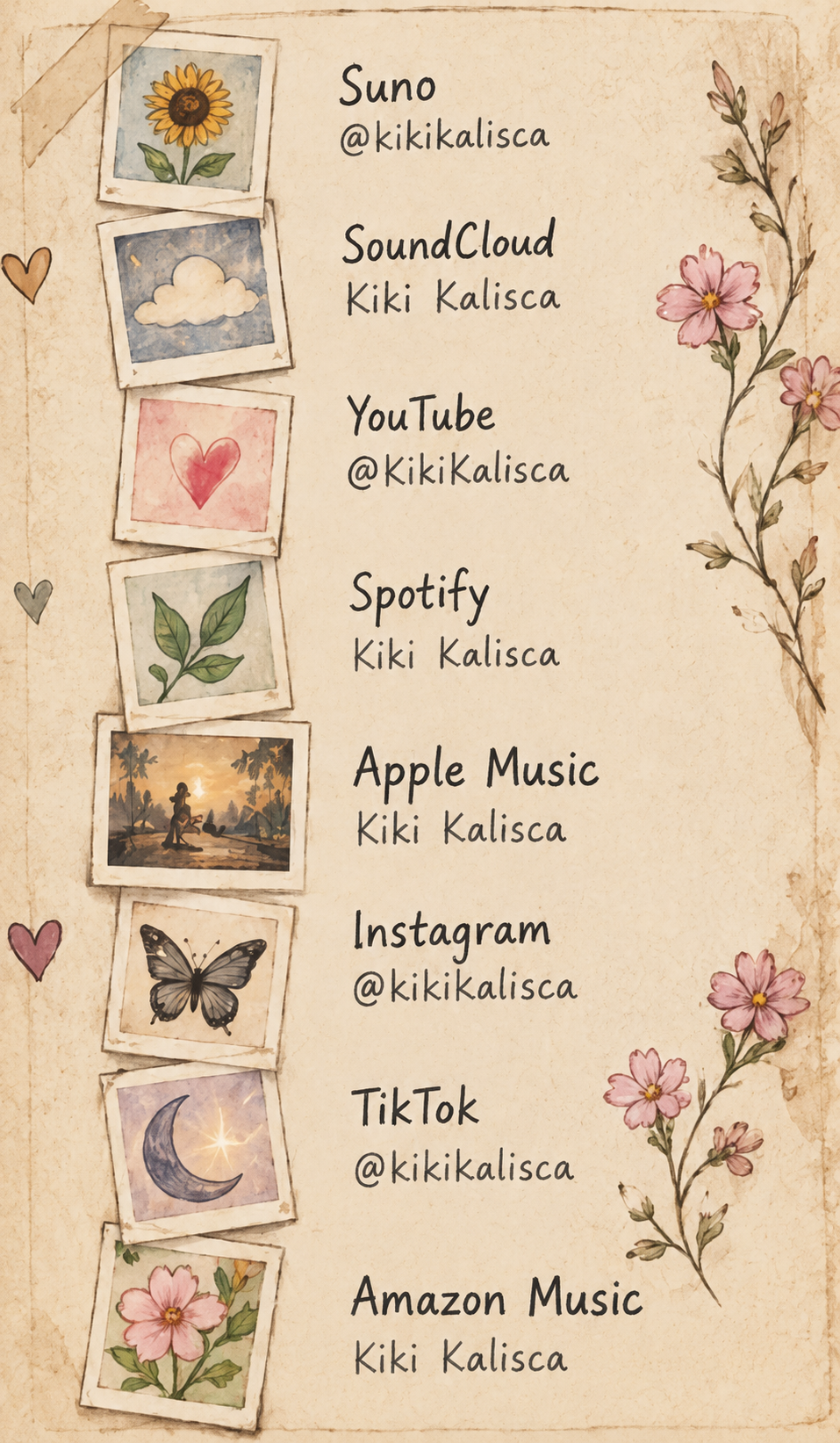 Watercolor stationery listing Kiki's music and social platforms